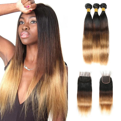 Ombre Bundles With Closure Straight Human Hair Weave Bundles With Lace Closure T1B/4/27