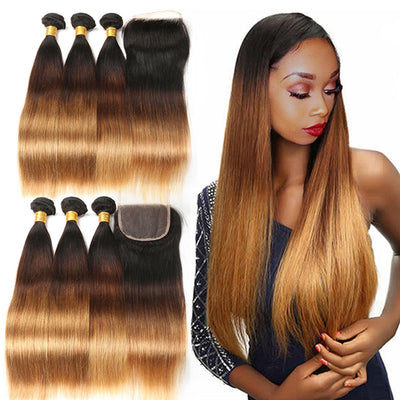 Ombre Bundles With Closure Straight Human Hair Weave Bundles With Lace Closure  T1b/4/30